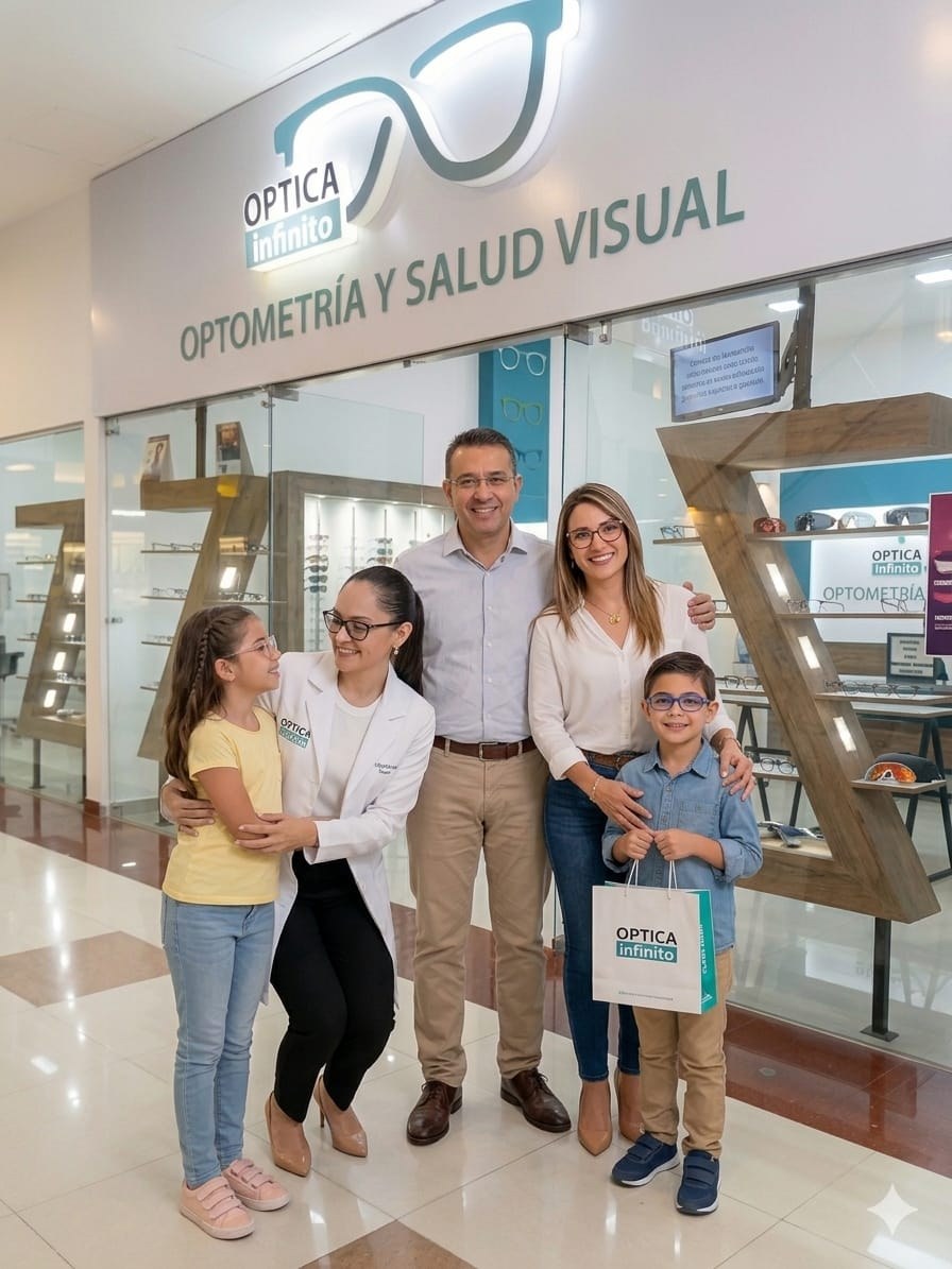 Equipo de Óptica Infinito junto a familia satisfecha frente a la sede de San Gil Plaza, Santander.